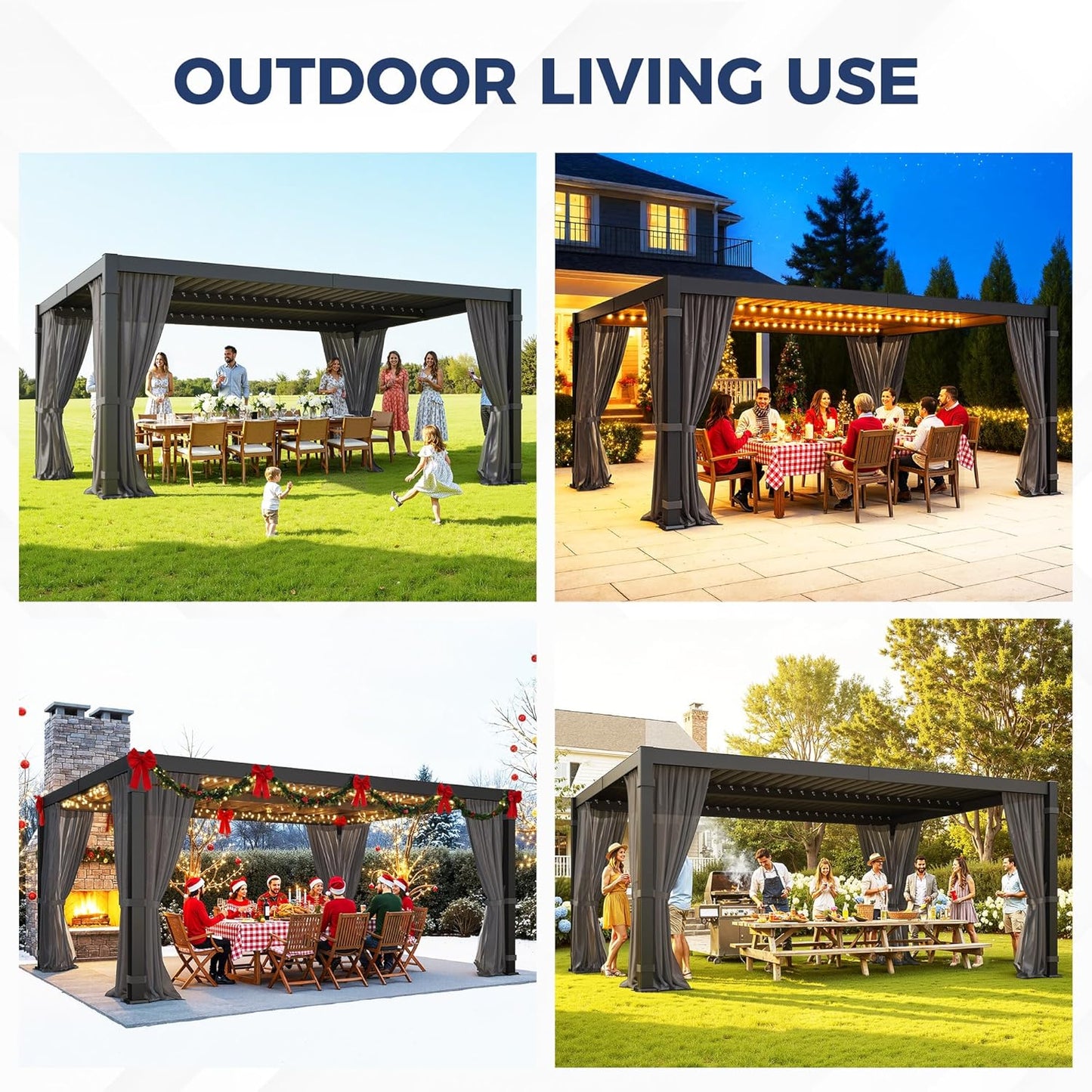 12' X 16' Louvered Pergola, Outdoor Pergola with Metal Adjustable Louvered Roof & Gutter System, Hardtop Patio Gazebo for Backyard, Patio, Garden, Dark Gray
