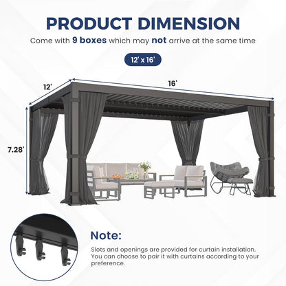 12' X 16' Louvered Pergola, Outdoor Pergola with Metal Adjustable Louvered Roof & Gutter System, Hardtop Patio Gazebo for Backyard, Patio, Garden, Dark Gray