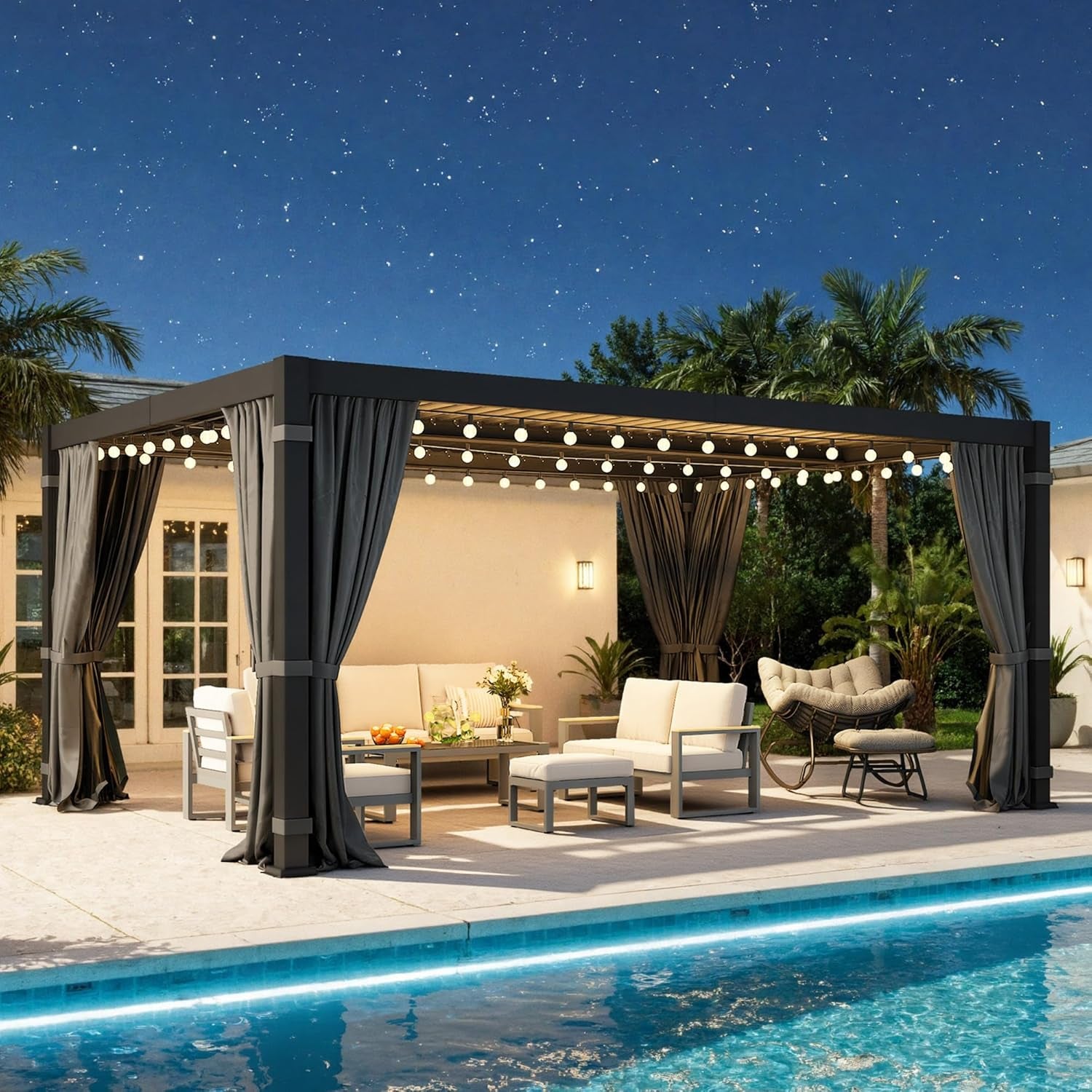 12' X 16' Louvered Pergola, Outdoor Pergola with Metal Adjustable Louvered Roof & Gutter System, Hardtop Patio Gazebo for Backyard, Patio, Garden, Dark Gray