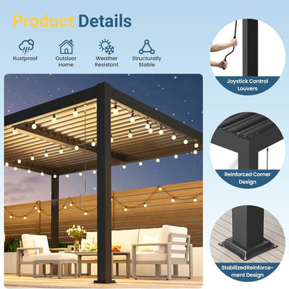 10' X 12' Louvered Pergola, Metal Outdoor Pergola with Adjustable Louvered Roof & Gutter System, Hardtop Patio Gazebo for Backyard, Deck, Garden, Dark Gray