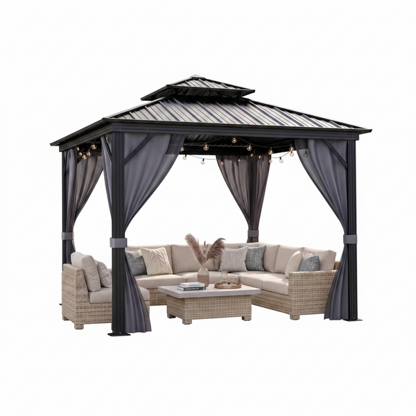 10 X10 Ft Hardtop Gazebo, Galvanized Steel Double Roof with Curtains and Netting, Aluminum Frame Patio Gazebo for Patio, Garden and Lawn